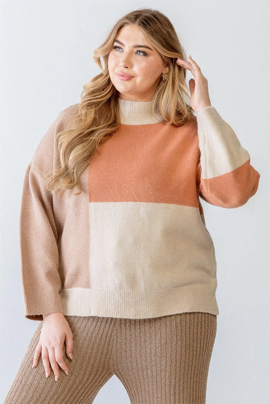Junior Plus Blush Colorblock Knit Long Sleeve Sweater /3-2-1 - Tasha Apparel Wholesale
