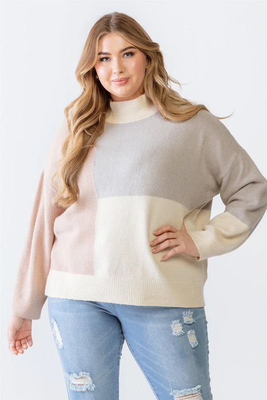 Junior Plus Grey Colorblock Knit Long Sleeve Sweater - Tasha Apparel Wholesale