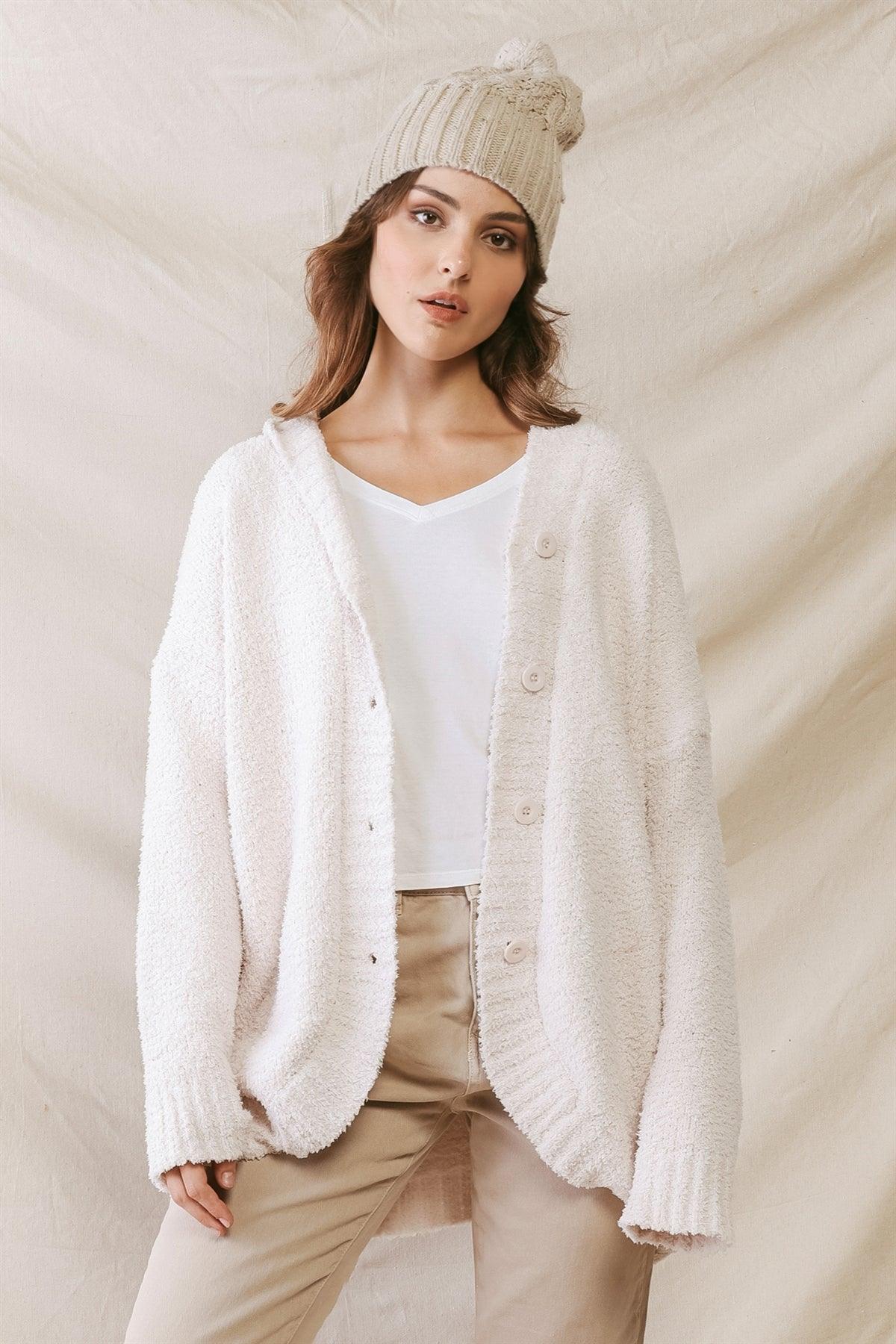 Cream Knit Hooded Two Pocket Button-Up Soft To Touch Sweater Cardigan /2-2-2