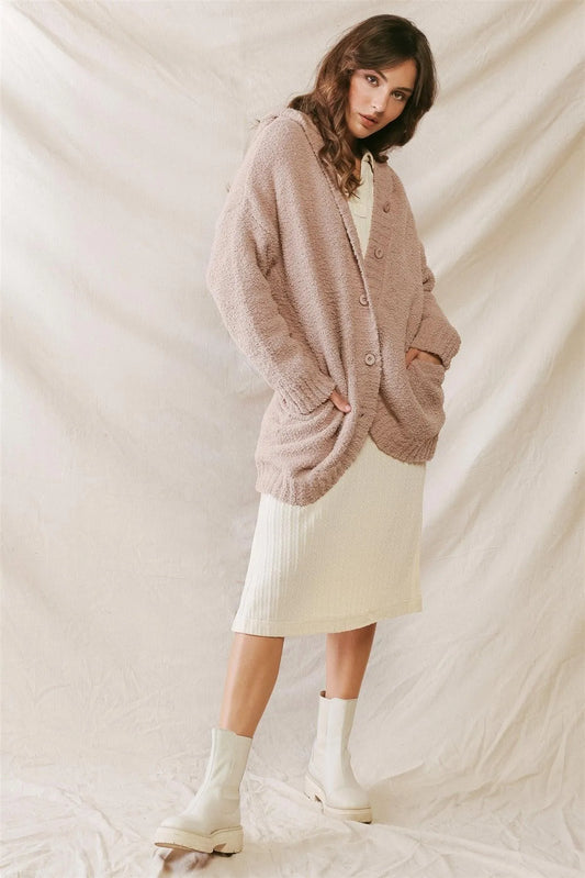 Mocha Knit Hooded Two Pocket Button-Up Soft To Touch Sweater Cardigan /2-2-2 - Tasha Apparel Wholesale