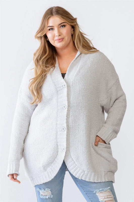 Junior Plus Grey Knit Hooded Soft Sweater Cardigan - Tasha Apparel Wholesale