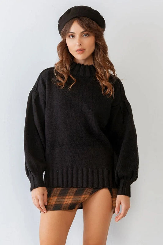 Black Knit Crew Neck Long Sleeve Sweater /2-2-2 - Tasha Apparel Wholesale