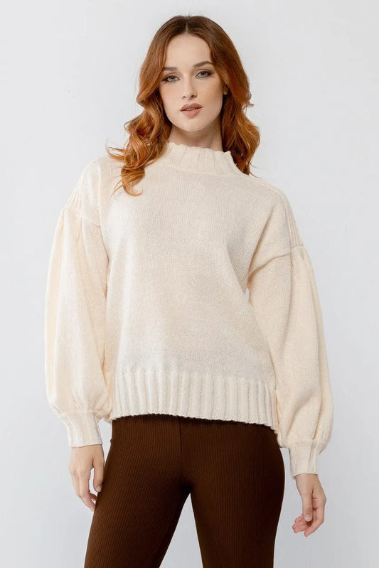 Cream Knit Crew Neck Long Sleeve Sweater /2-2-2 - Tasha Apparel Wholesale