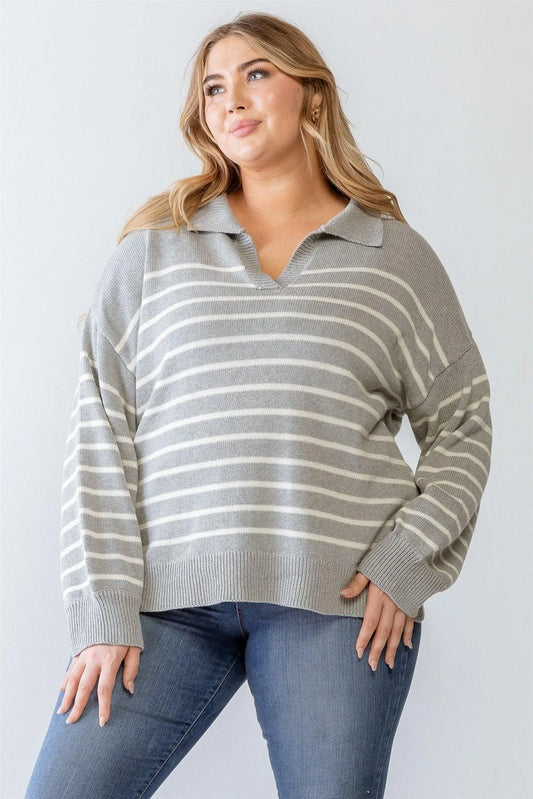 Plus Size Heather Grey Striped Collared Knit Sweater - Tasha Apparel Wholesale