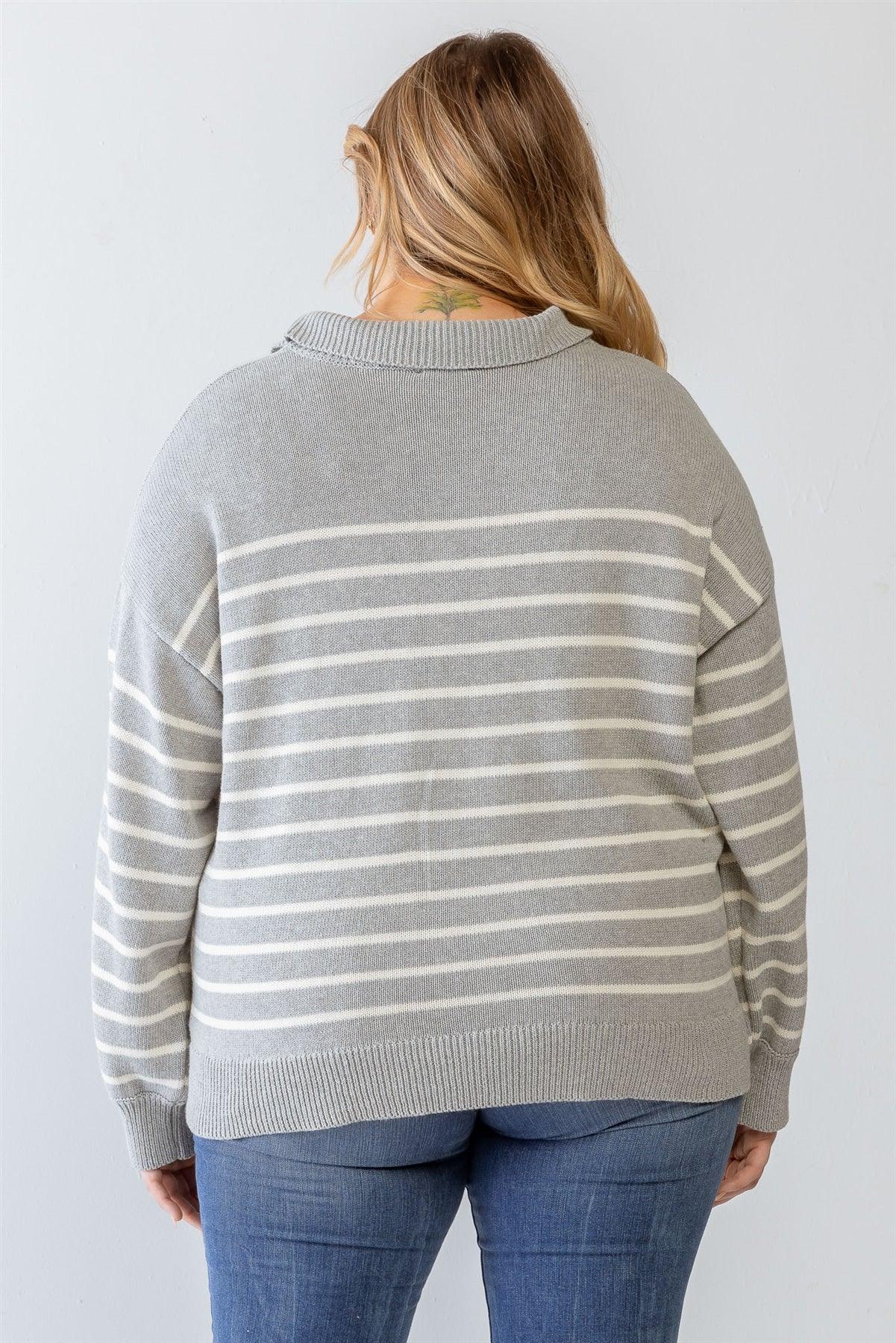 Junior Plus Heather Grey Striped Knit Collared Sweater /3-2-1