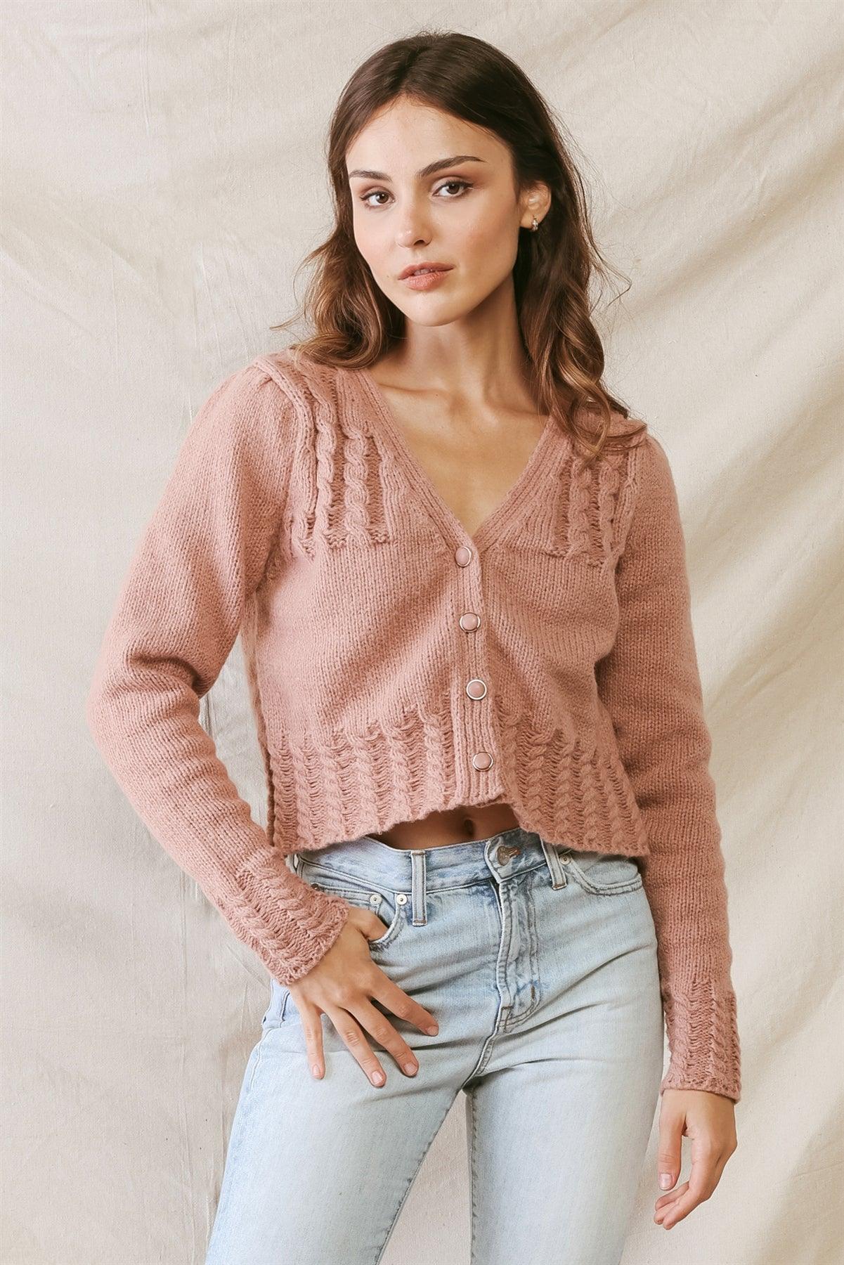 Blush Cable Knit Front Button-Up Long Sleeve Cropped Sweater /2-2-2