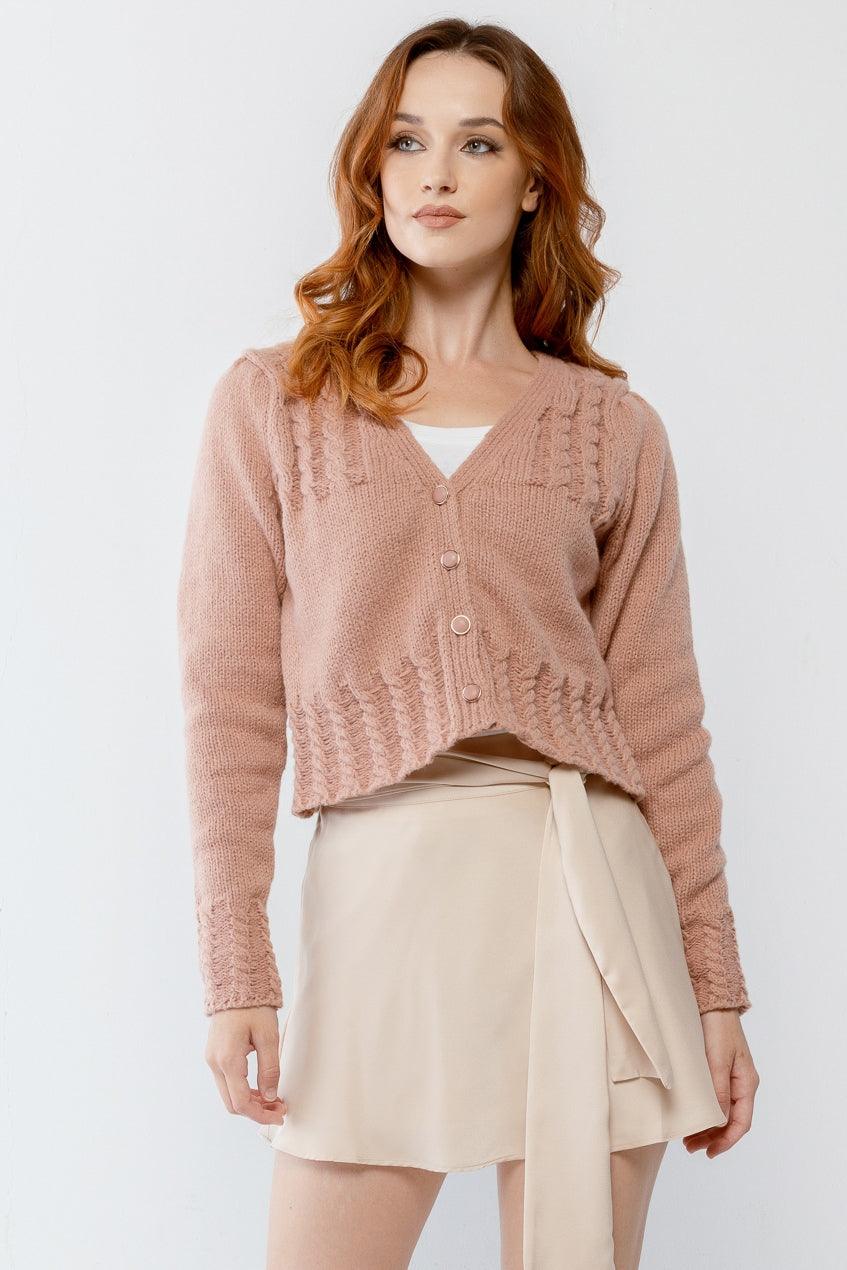 Blush Cable Knit Front Button-Up Long Sleeve Cropped Sweater /2-2-2