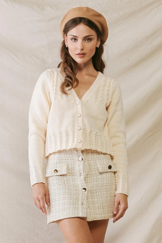 Cream Cable Knit Front Button-Up Long Sleeve Cropped Sweater /2-2-2 - Tasha Apparel Wholesale