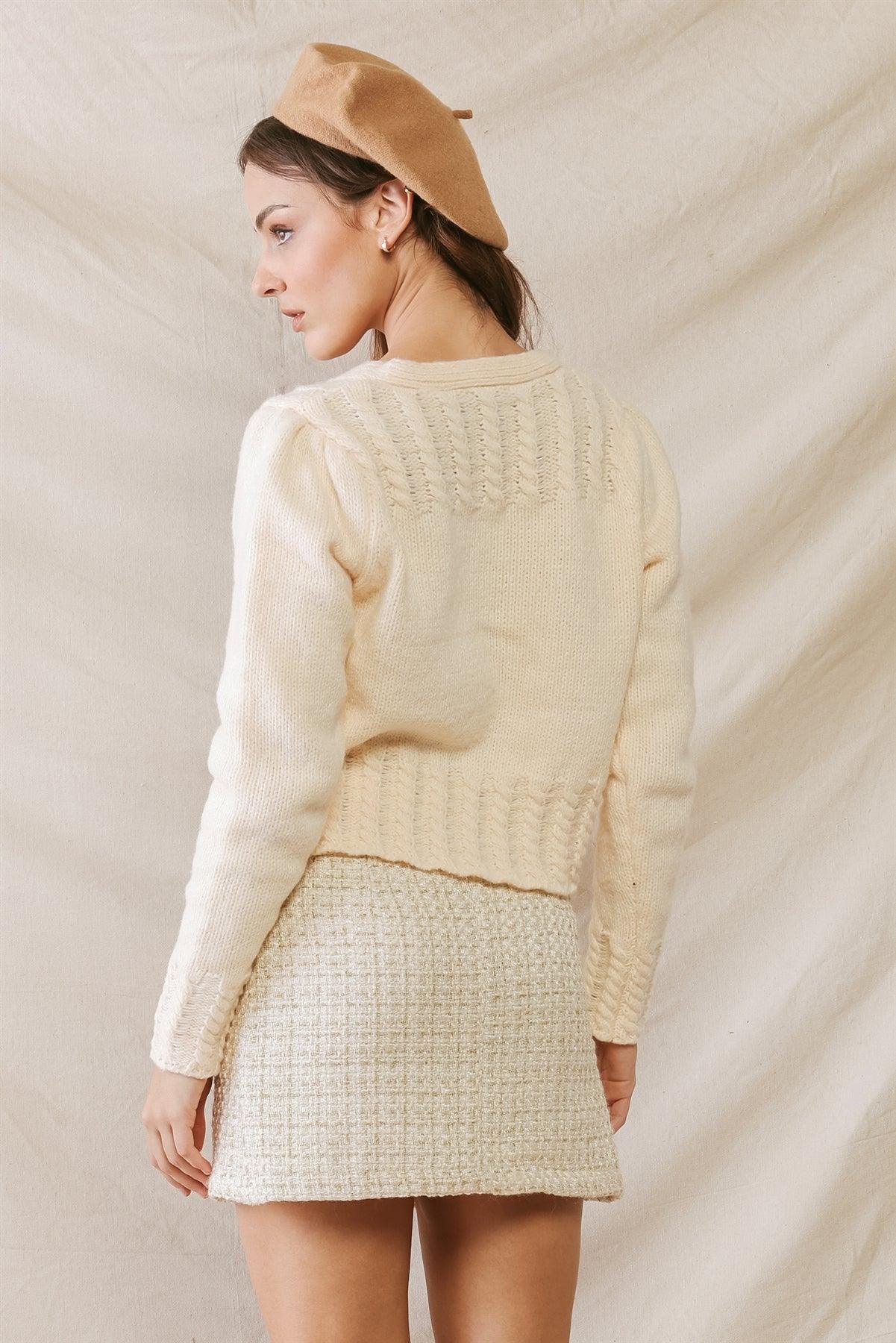 Cream Cable Knit Front Button-Up Long Sleeve Cropped Sweater /2-2-2