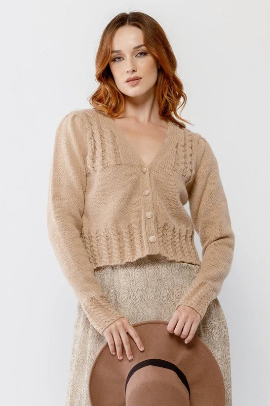 Mocha Cable Knit Front Button-Up Long Sleeve Cropped Sweater /2-2-2 - Tasha Apparel Wholesale
