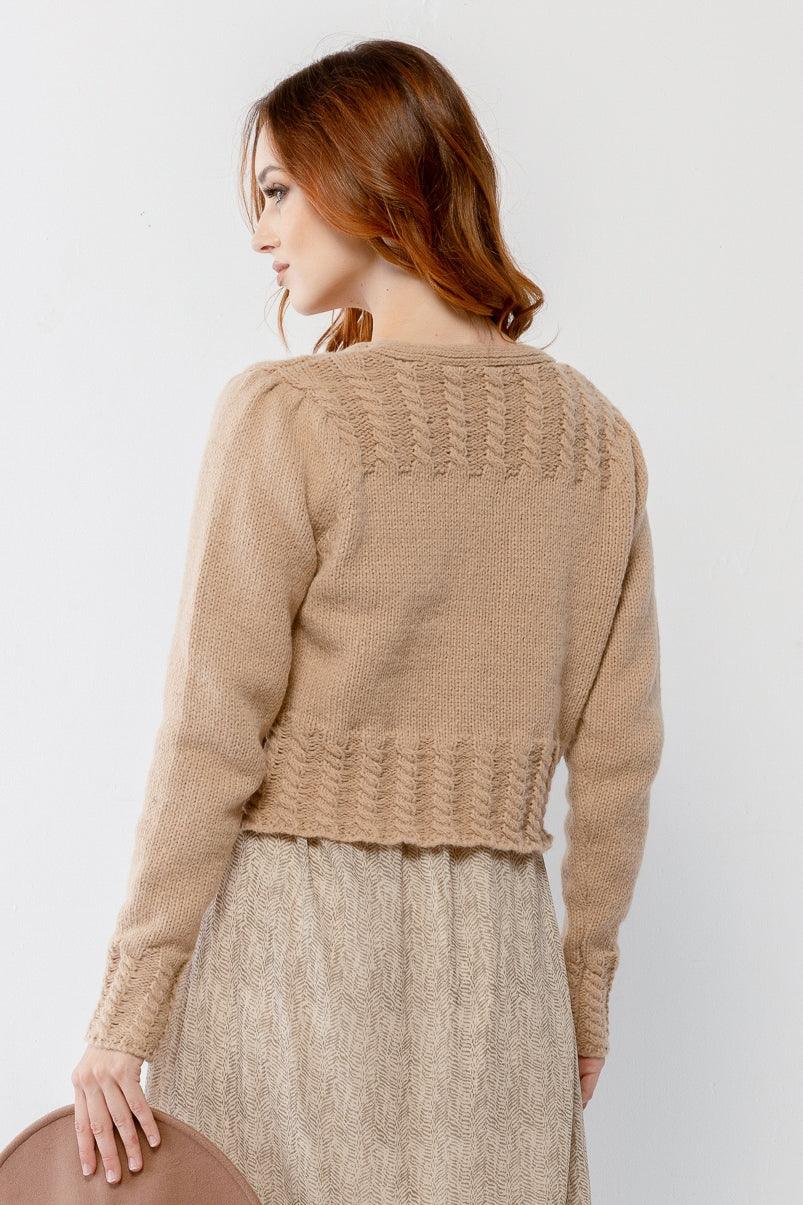 Mocha Cable Knit Front Button-Up Long Sleeve Cropped Sweater /2-2-2