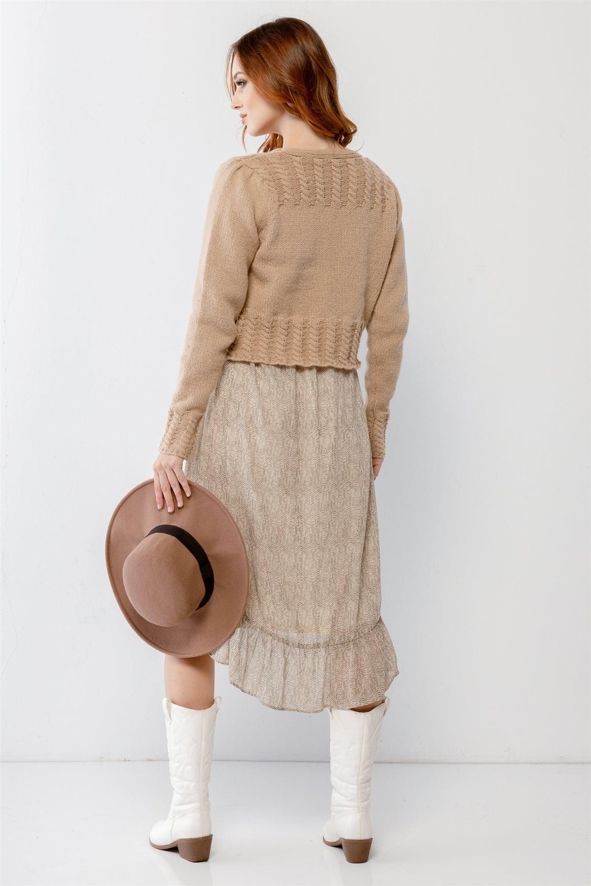 Mocha Cable Knit Front Button-Up Long Sleeve Cropped Sweater /2-2-2