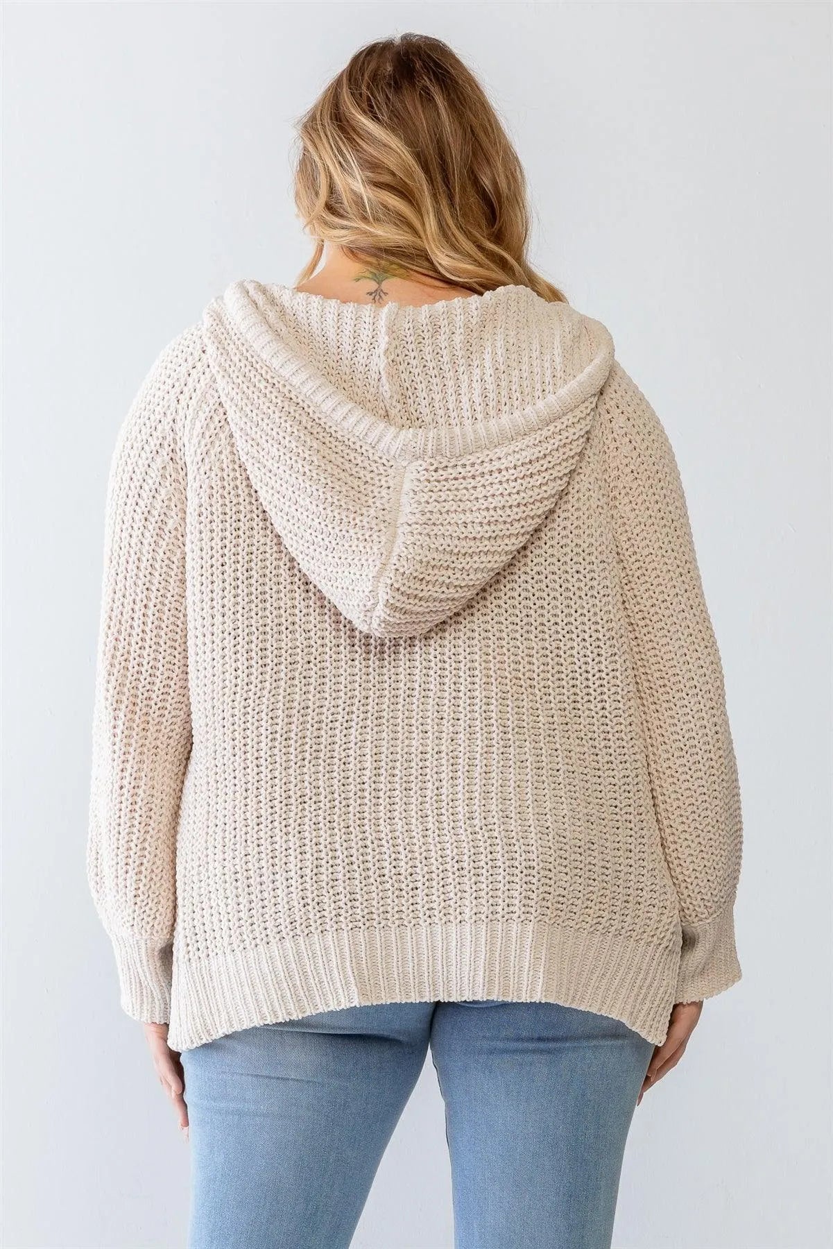 Junior Plus Cream Knit Soft To Touch Hooded Sweater /3-2-1 - Tasha Apparel Wholesale