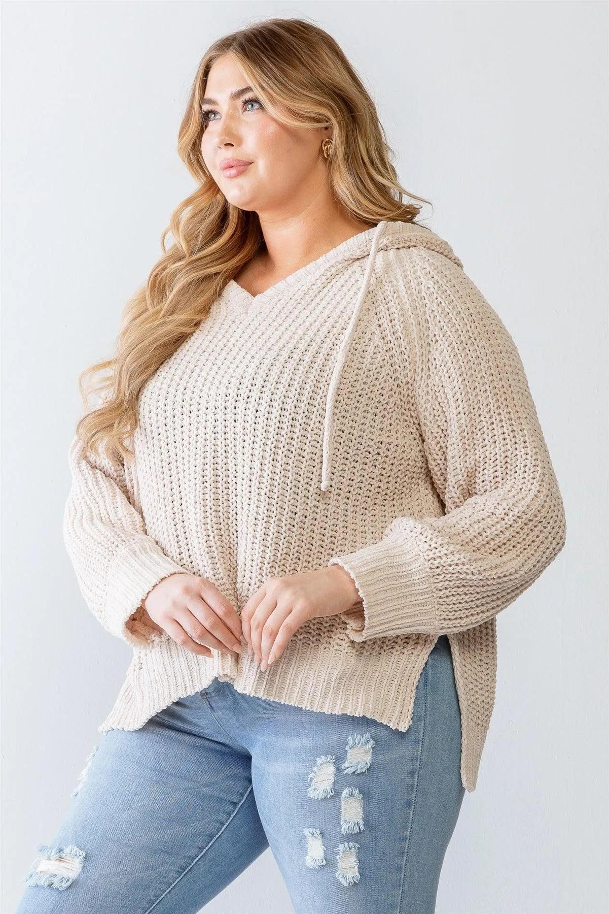 Junior Plus Cream Knit Soft To Touch Hooded Sweater /3-2-1 - Tasha Apparel Wholesale