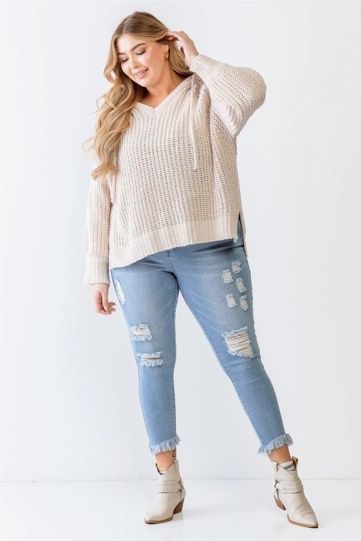 Junior Plus Cream Knit Soft To Touch Hooded Sweater /3-2-1 - Tasha Apparel Wholesale