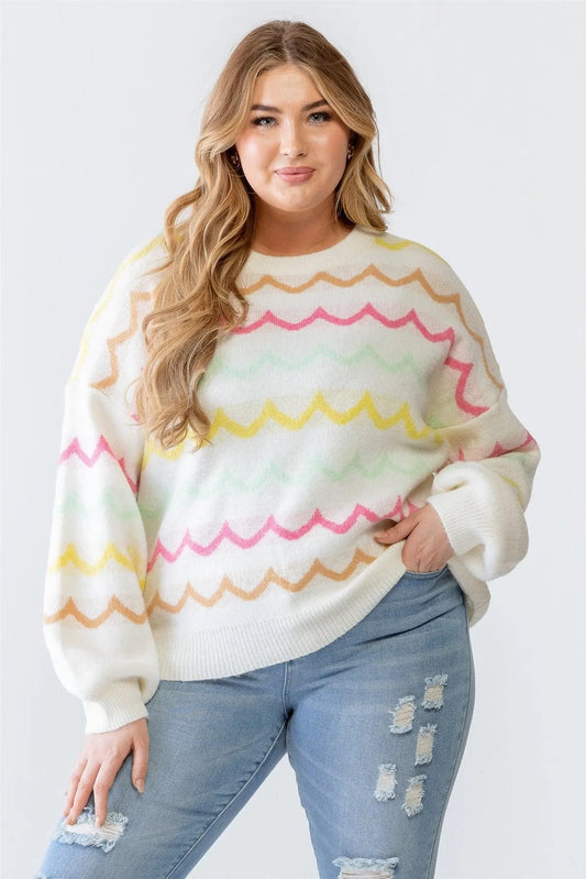 Junior Plus Cream Multicolor Wavy-Stripe Print Knit Long Sleeve Sweater /3-2-1 - Tasha Apparel Wholesale