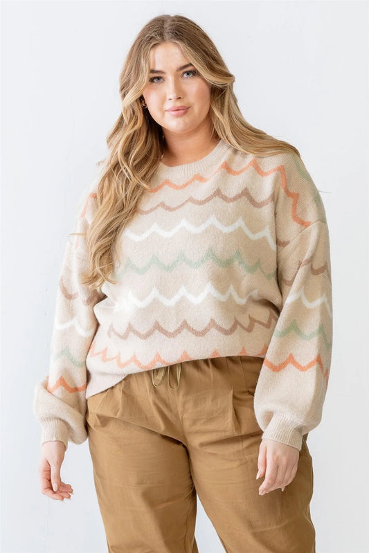 Junior Plus Taupe Multicolor Wavy-Stripe Print Knit Long Sleeve Sweater /2-2-1 - Tasha Apparel Wholesale