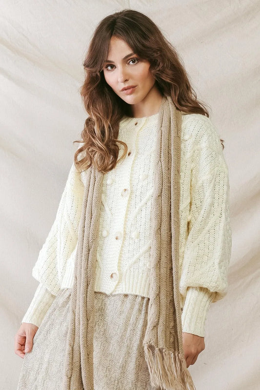 Cream Knit Button-Up Long Sleeve Sweater Cardigan /2-2-2 - Tasha Apparel Wholesale