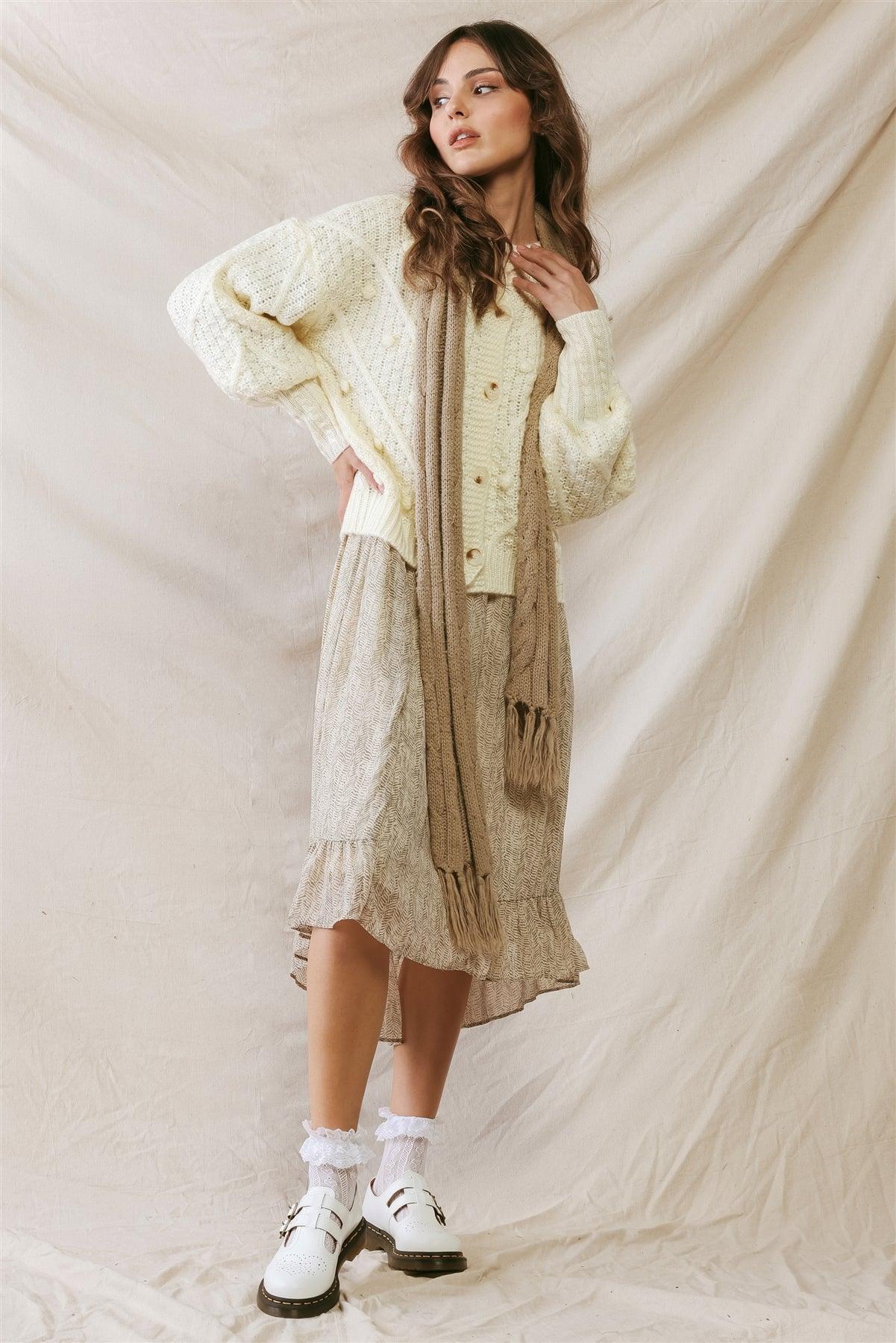 Cream Knit Button-Up Long Sleeve Sweater Cardigan /2-2-2