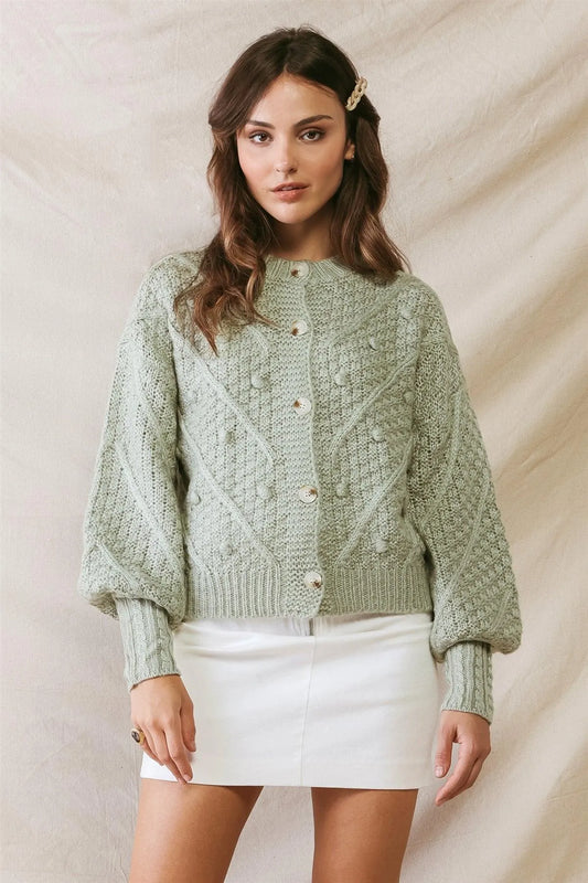 Sage Knit Button-Up Long Sleeve Sweater Cardigan /2-2-2 - Tasha Apparel Wholesale