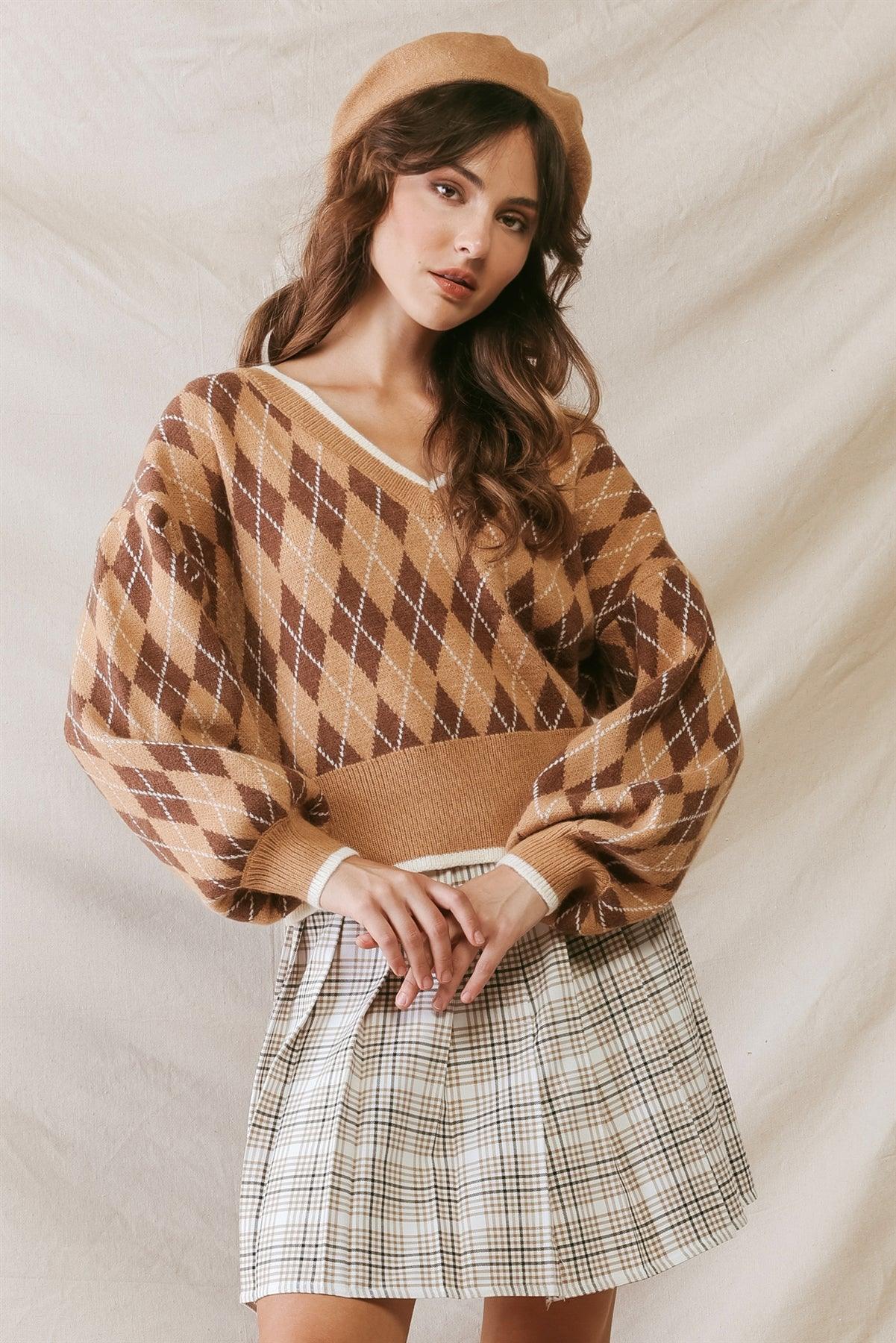 Camel Argyle Print Knit V-Neck Long Sleeve Sweater /2-2-2