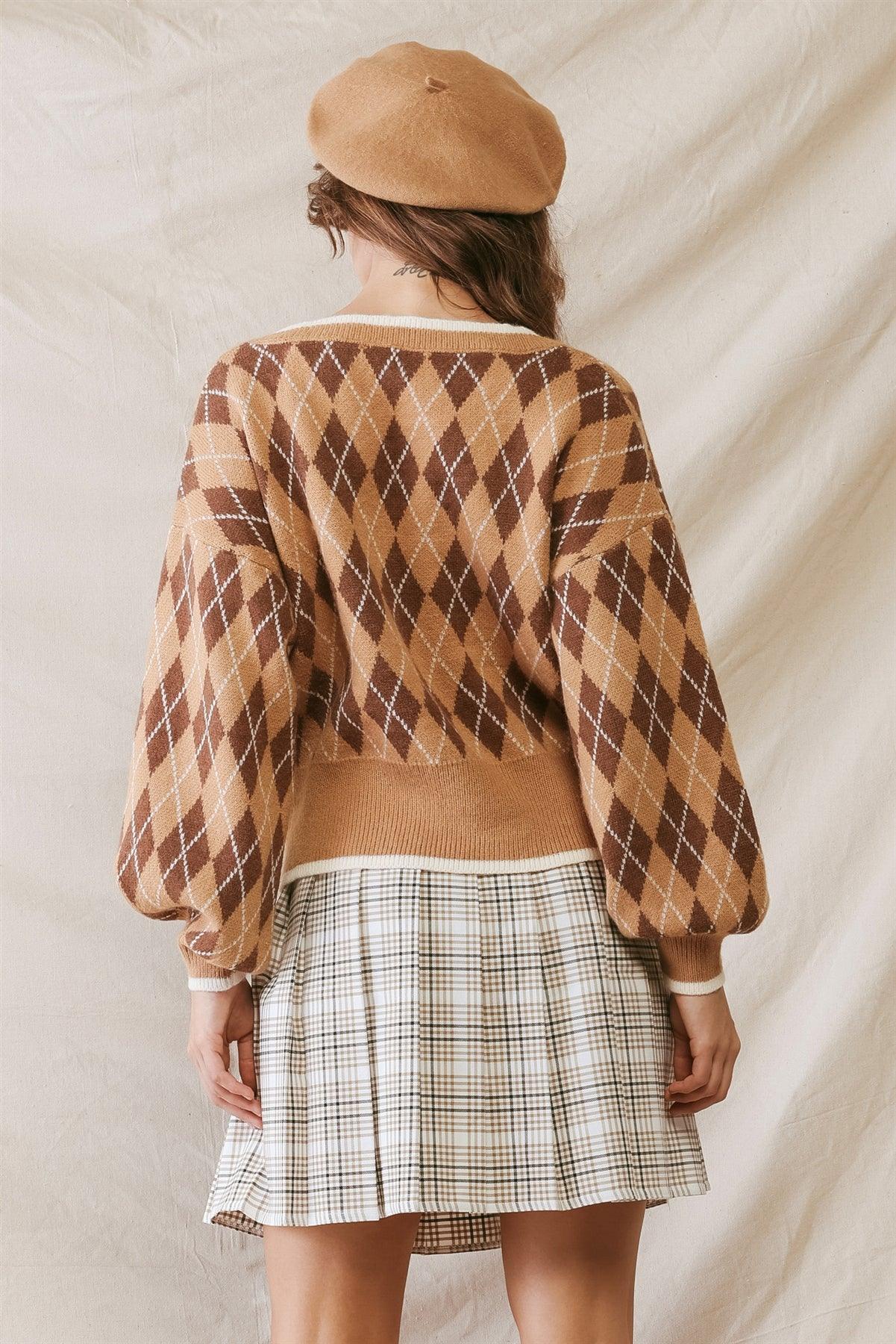 Camel Argyle Print Knit V-Neck Long Sleeve Sweater /2-2-2