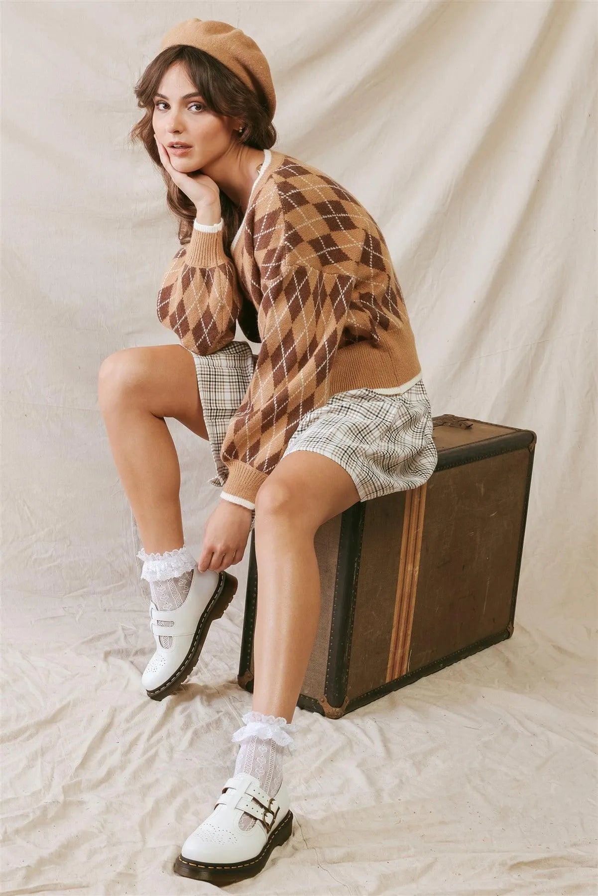Camel Argyle Print Knit V-Neck Long Sleeve Sweater /2-2-2 - Tasha Apparel Wholesale