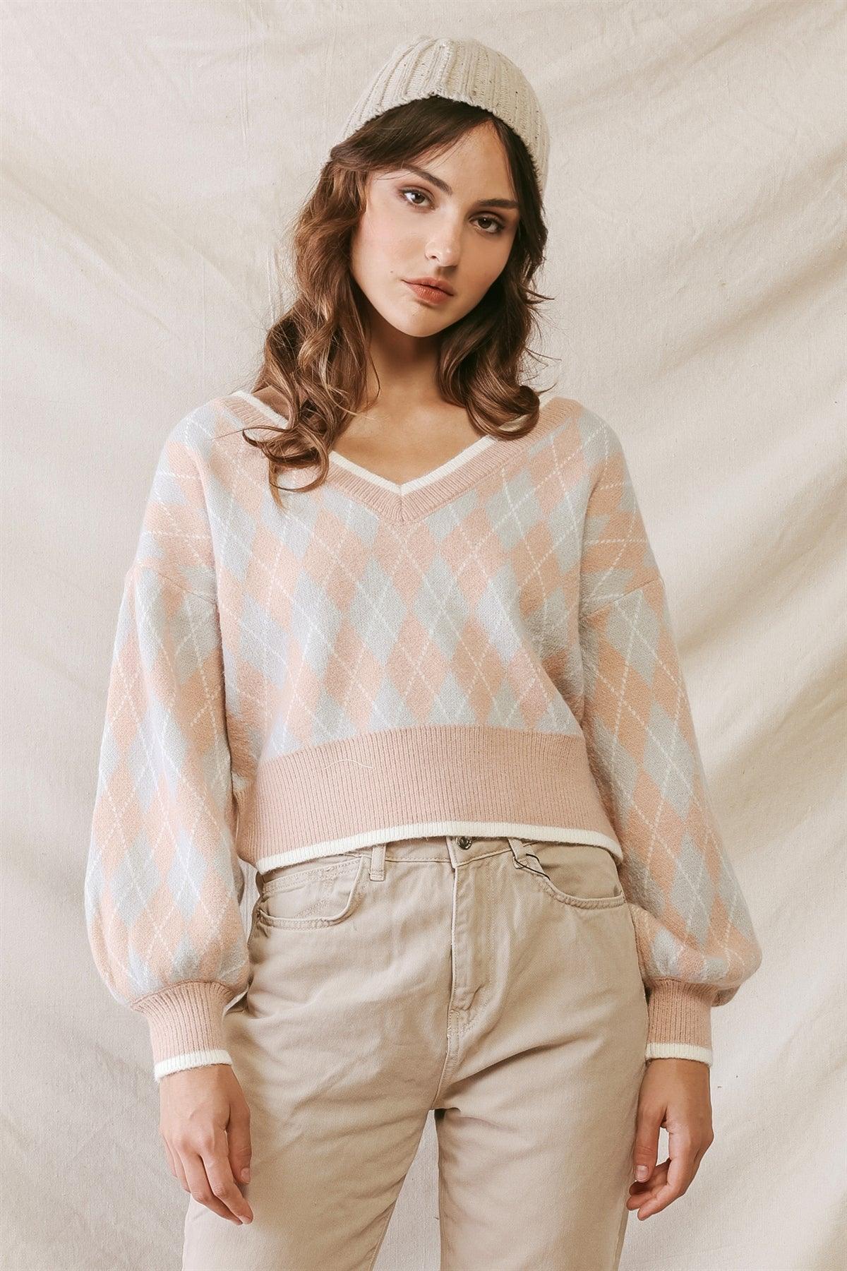 Tan Argyle Print Knit V-Neck Long Sleeve Sweater /2-2-2