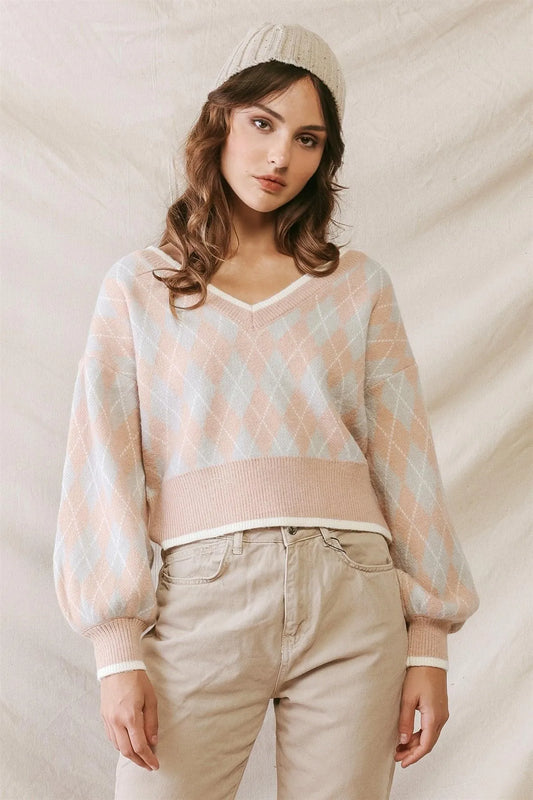 Tan Argyle Print Knit V-Neck Long Sleeve Sweater /2-2-2 - Tasha Apparel Wholesale