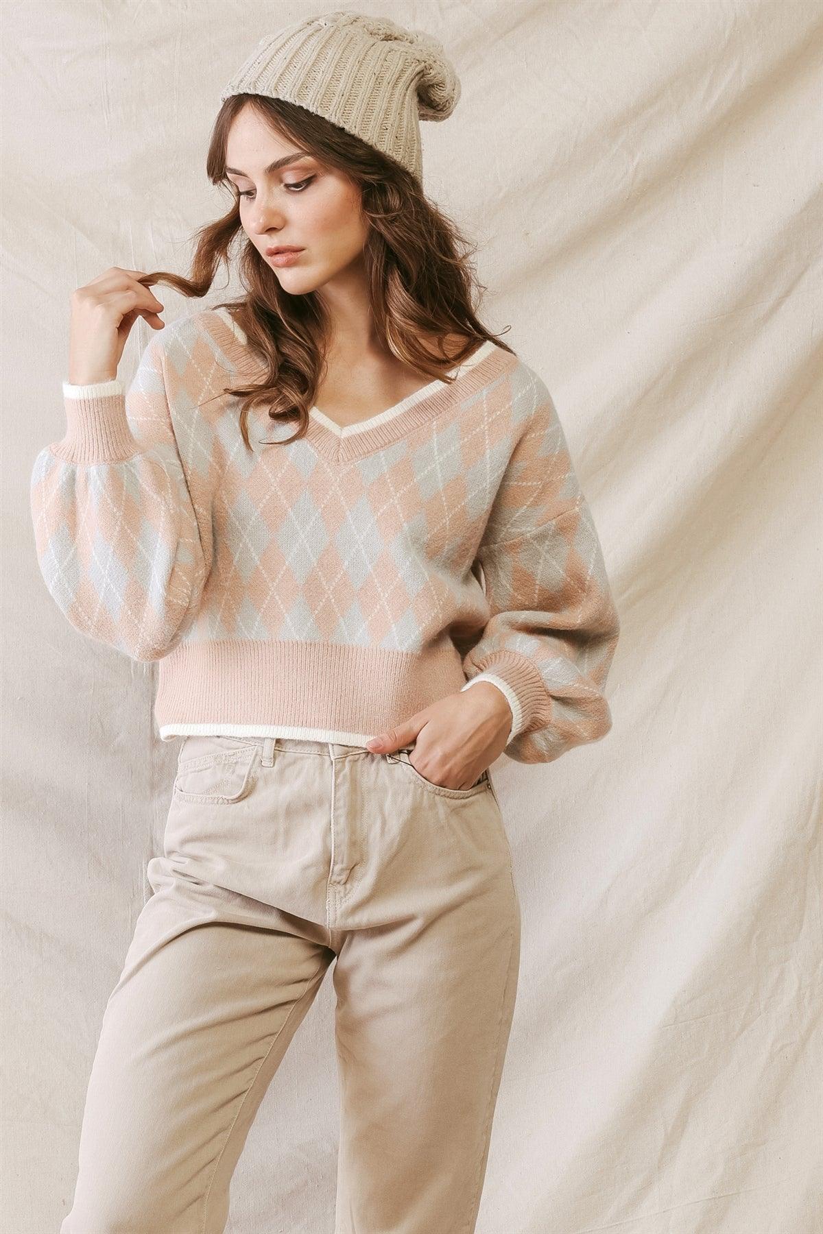 Tan Argyle Print Knit V-Neck Long Sleeve Sweater /2-2-2