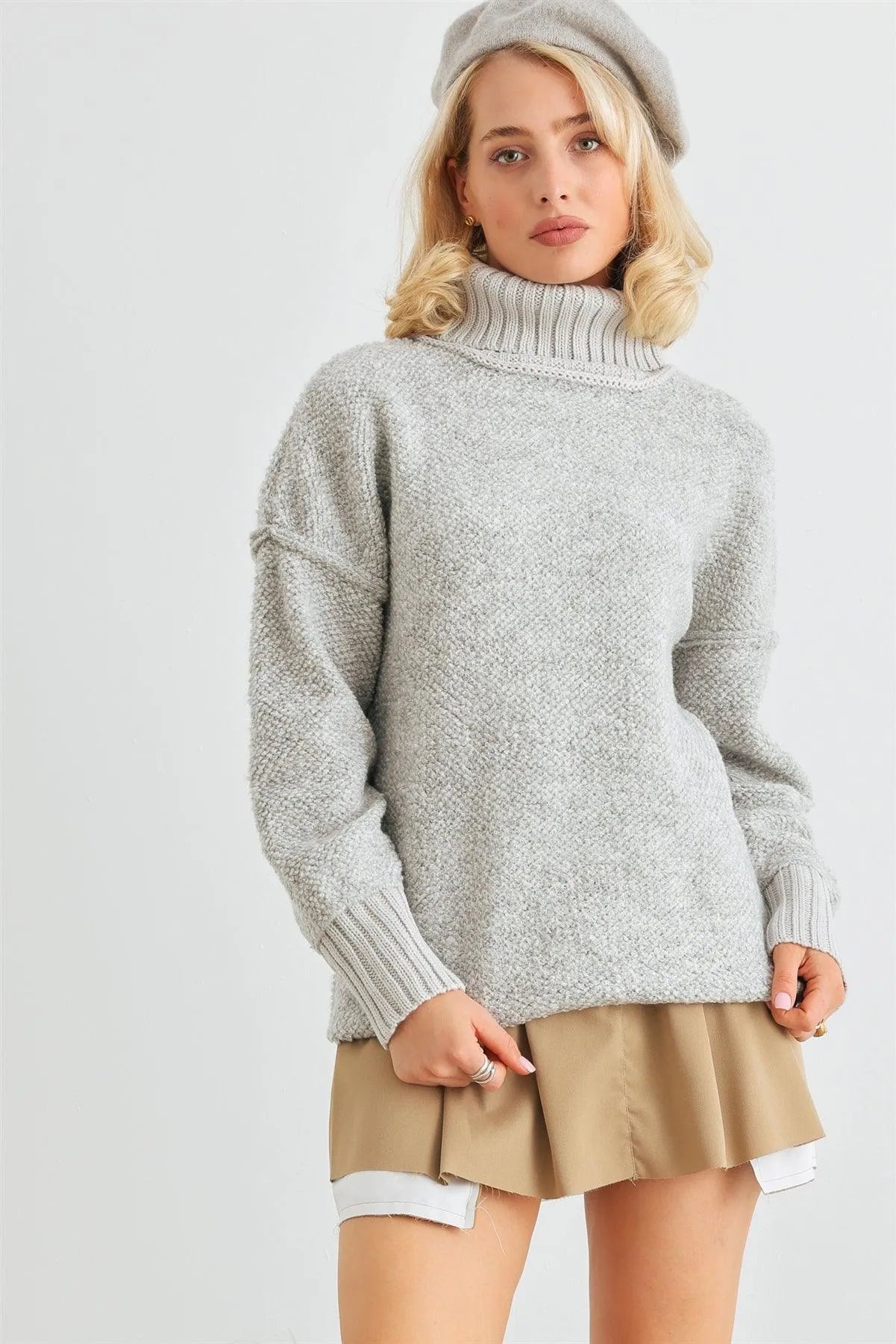 Heather Grey Knit Turtle Neck Long Sleeve Sweater /2-2-2 - Tasha Apparel Wholesale