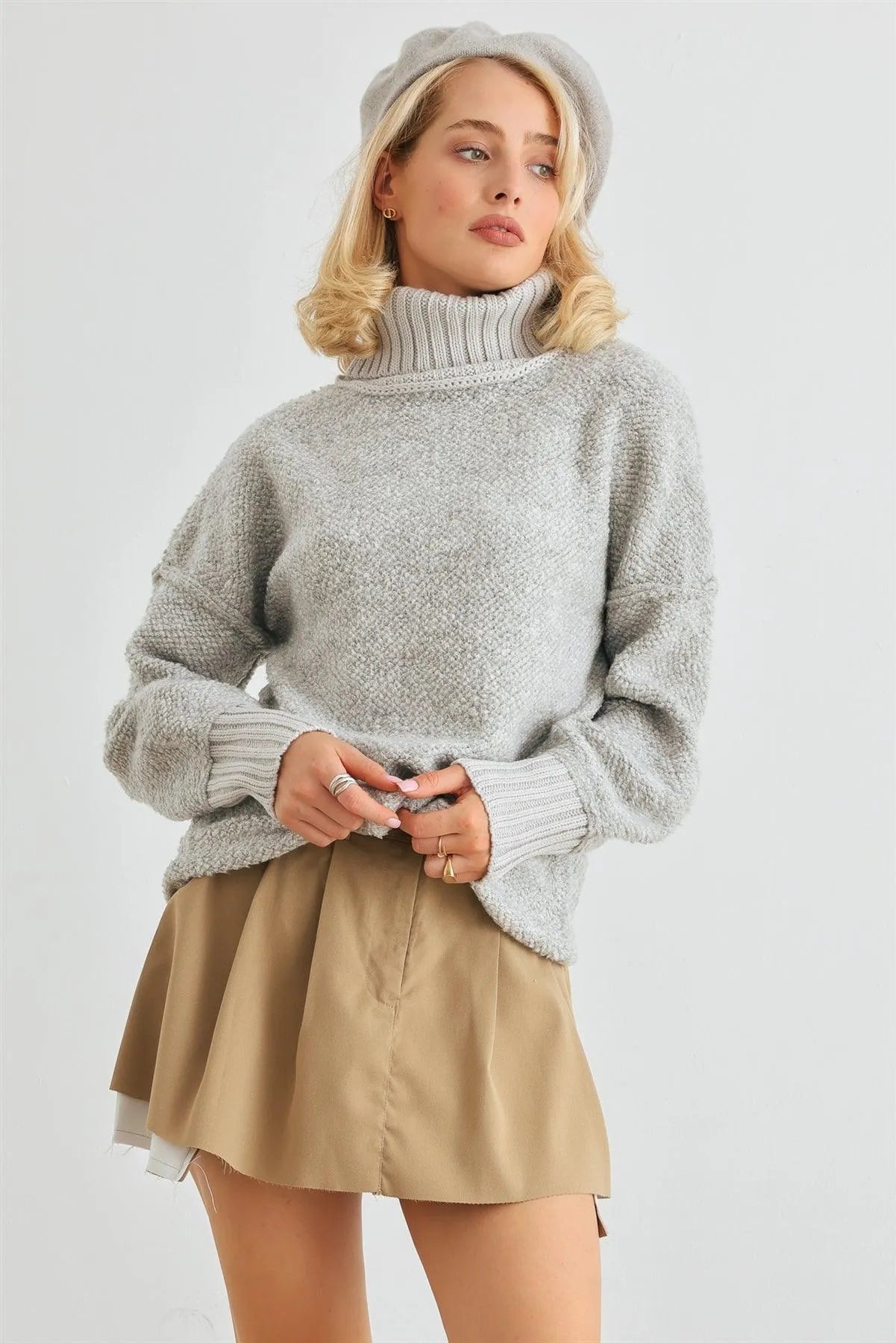 Heather Grey Knit Turtle Neck Long Sleeve Sweater /2-2-2 - Tasha Apparel Wholesale