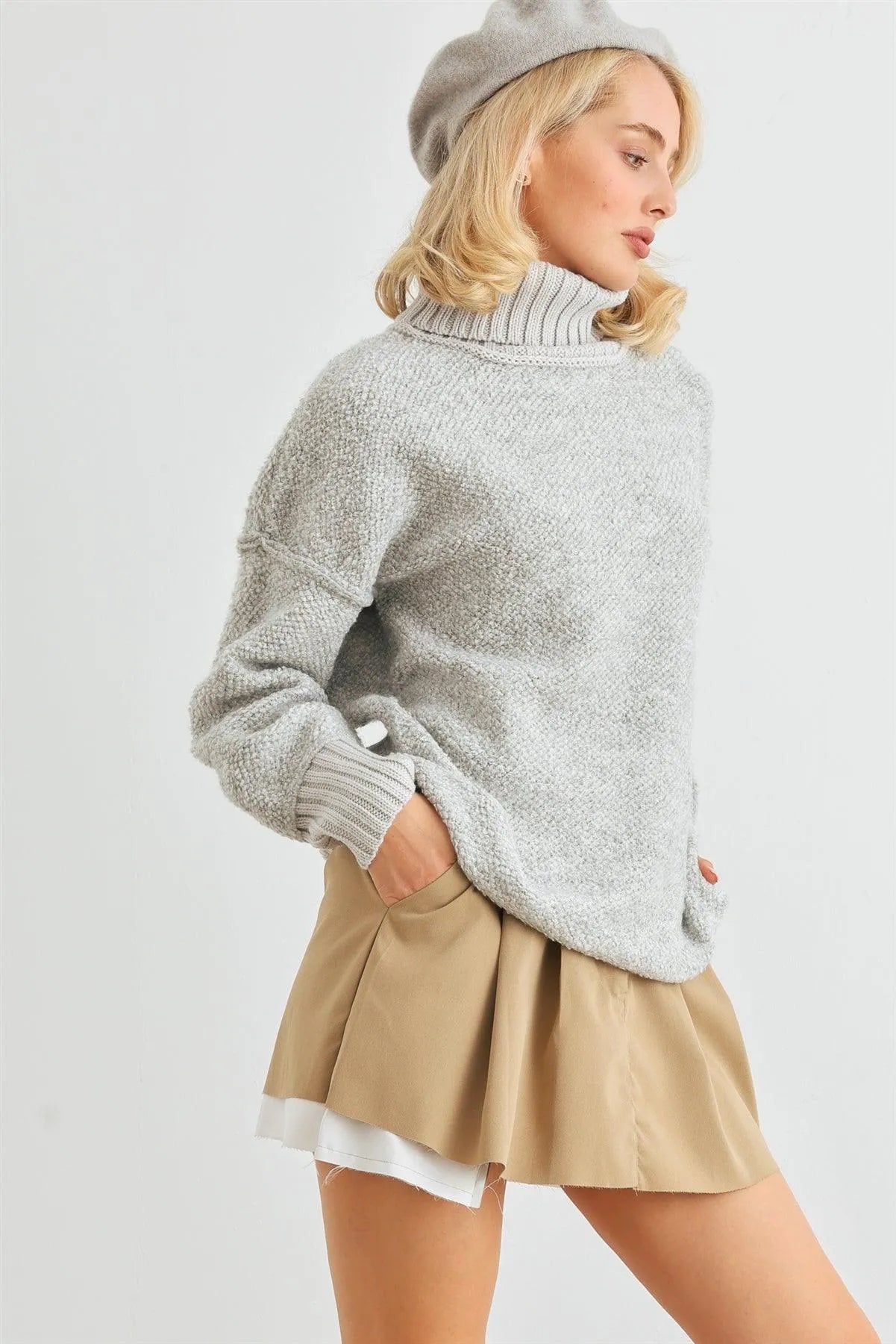 Heather Grey Knit Turtle Neck Long Sleeve Sweater /2-2-2 - Tasha Apparel Wholesale