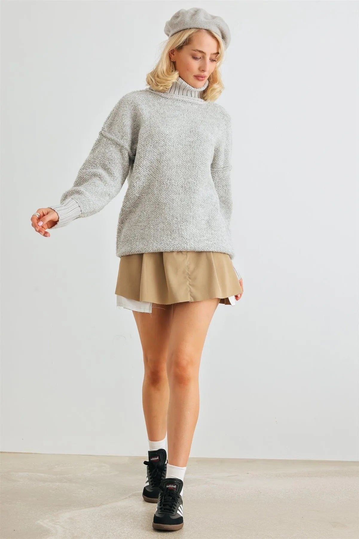 Heather Grey Knit Turtle Neck Long Sleeve Sweater /2-2-2 - Tasha Apparel Wholesale
