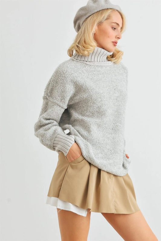Heather Grey Knit Turtle Neck Long Sleeve Sweater /2-2-3 - Tasha Apparel Wholesale