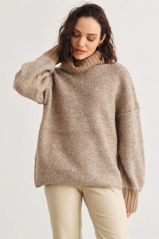 Mocha Knit Turtle Neck Long Sleeve Sweater /2-2-2 - Tasha Apparel Wholesale