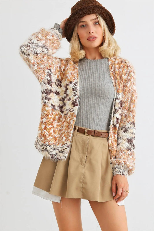 Mocha Mix Crochet Knit Fuzzy Two Pocket Open Front Cardigan /2-2-2 - Tasha Apparel Wholesale