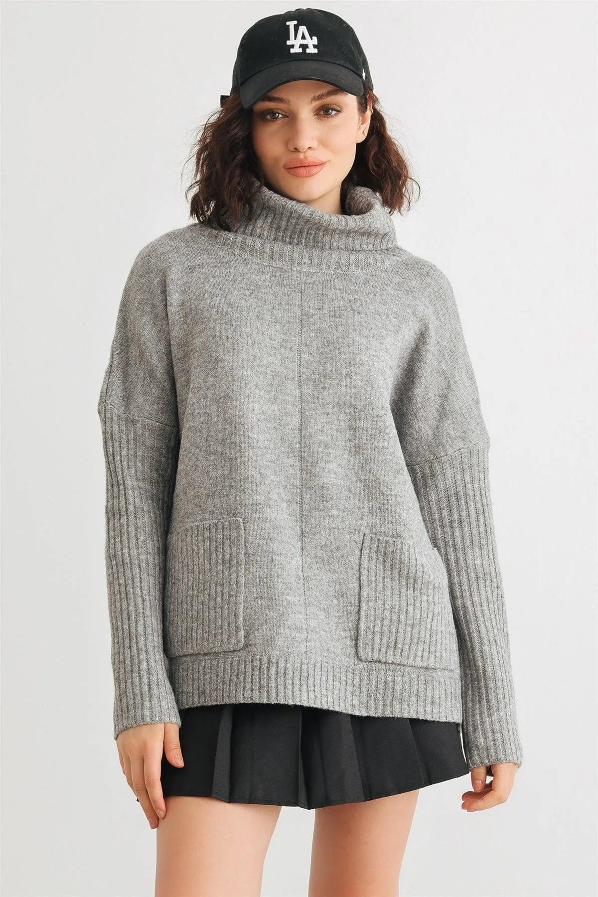 Heather Grey Knit Turtle Neck Two Pocket Long Sleeve Sweater /2-2-2 - Tasha Apparel Wholesale