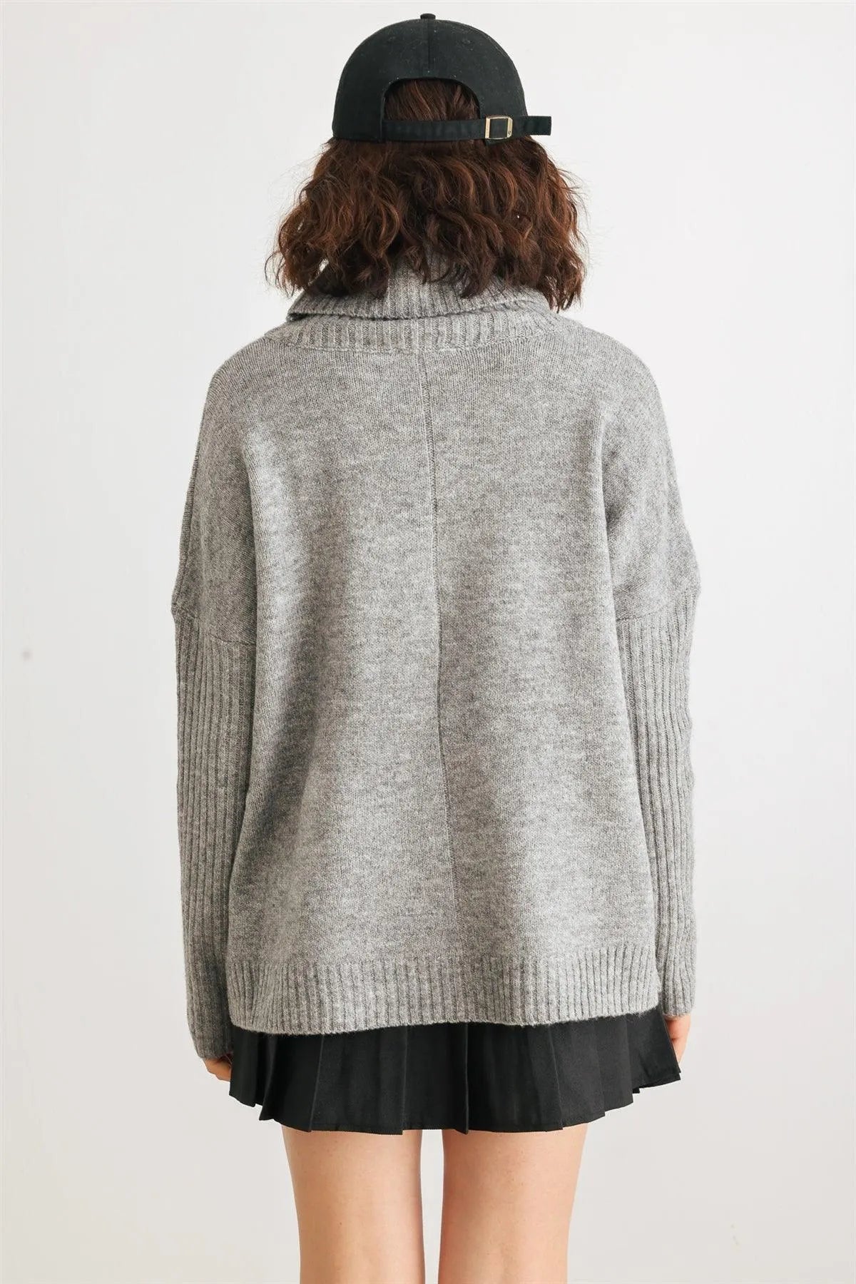 Heather Grey Knit Turtle Neck Two Pocket Long Sleeve Sweater /2-2-2 - Tasha Apparel Wholesale