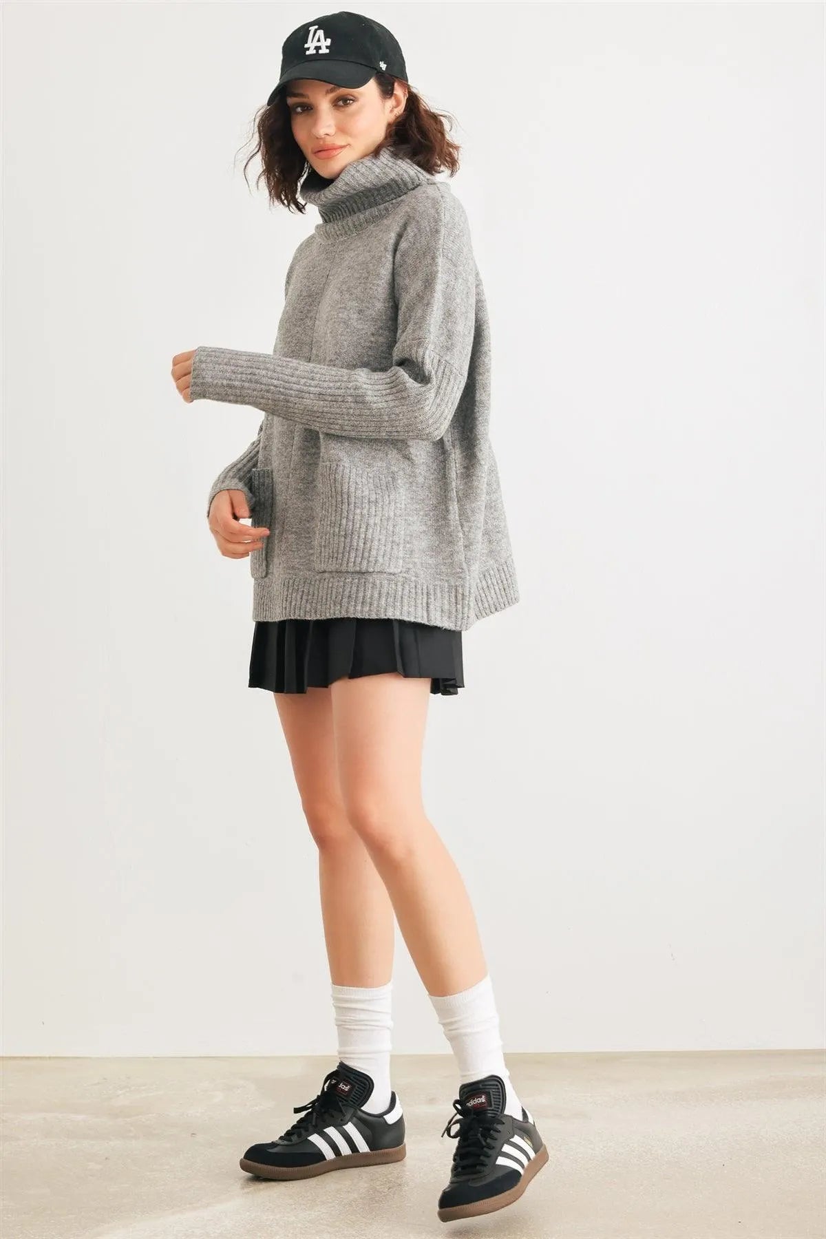 Heather Grey Knit Turtle Neck Two Pocket Long Sleeve Sweater /2-2-2 - Tasha Apparel Wholesale