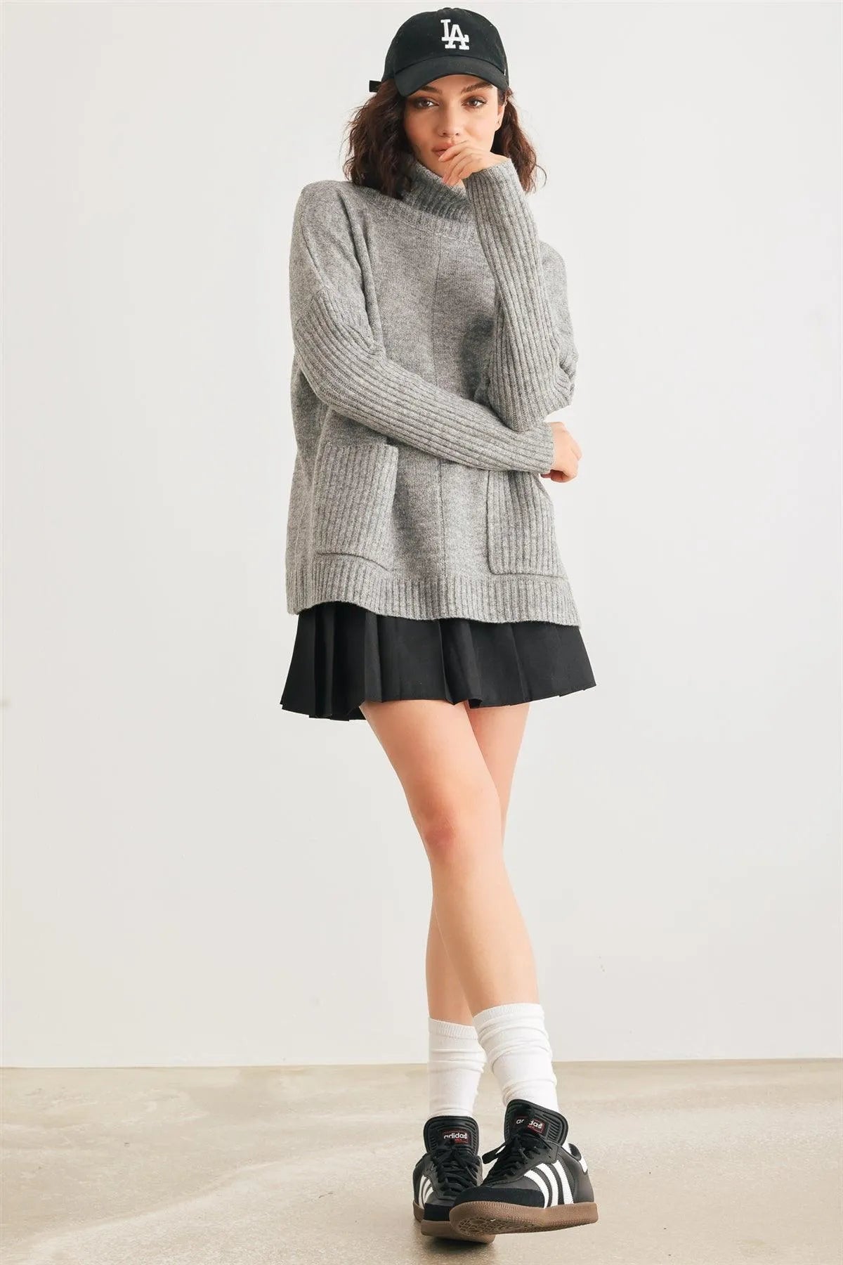 Heather Grey Knit Turtle Neck Two Pocket Long Sleeve Sweater /2-2-2 - Tasha Apparel Wholesale