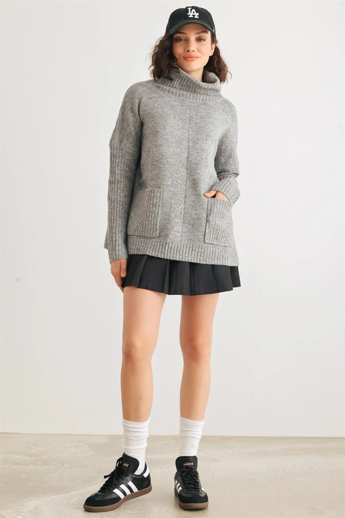 Heather Grey Knit Turtle Neck Two Pocket Long Sleeve Sweater /2-2-2 - Tasha Apparel Wholesale