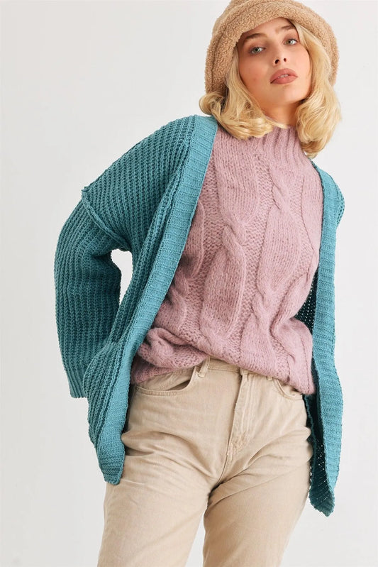 Blue Knit Long Sleeve Two Pocket Open Front Cardigan /2-1 - Tasha Apparel Wholesale
