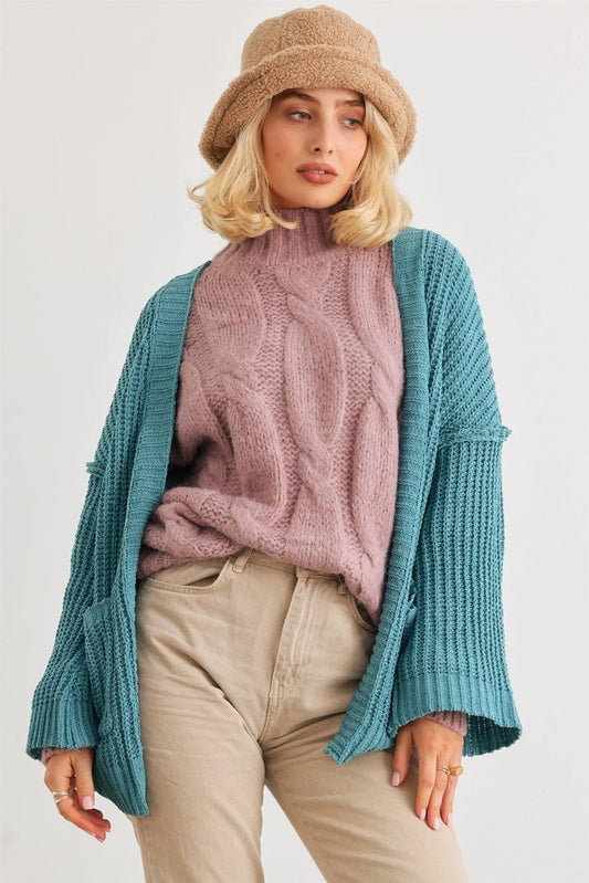 Blue Knit Long Sleeve Two Pocket Open Front Cardigan - Tasha Apparel Wholesale