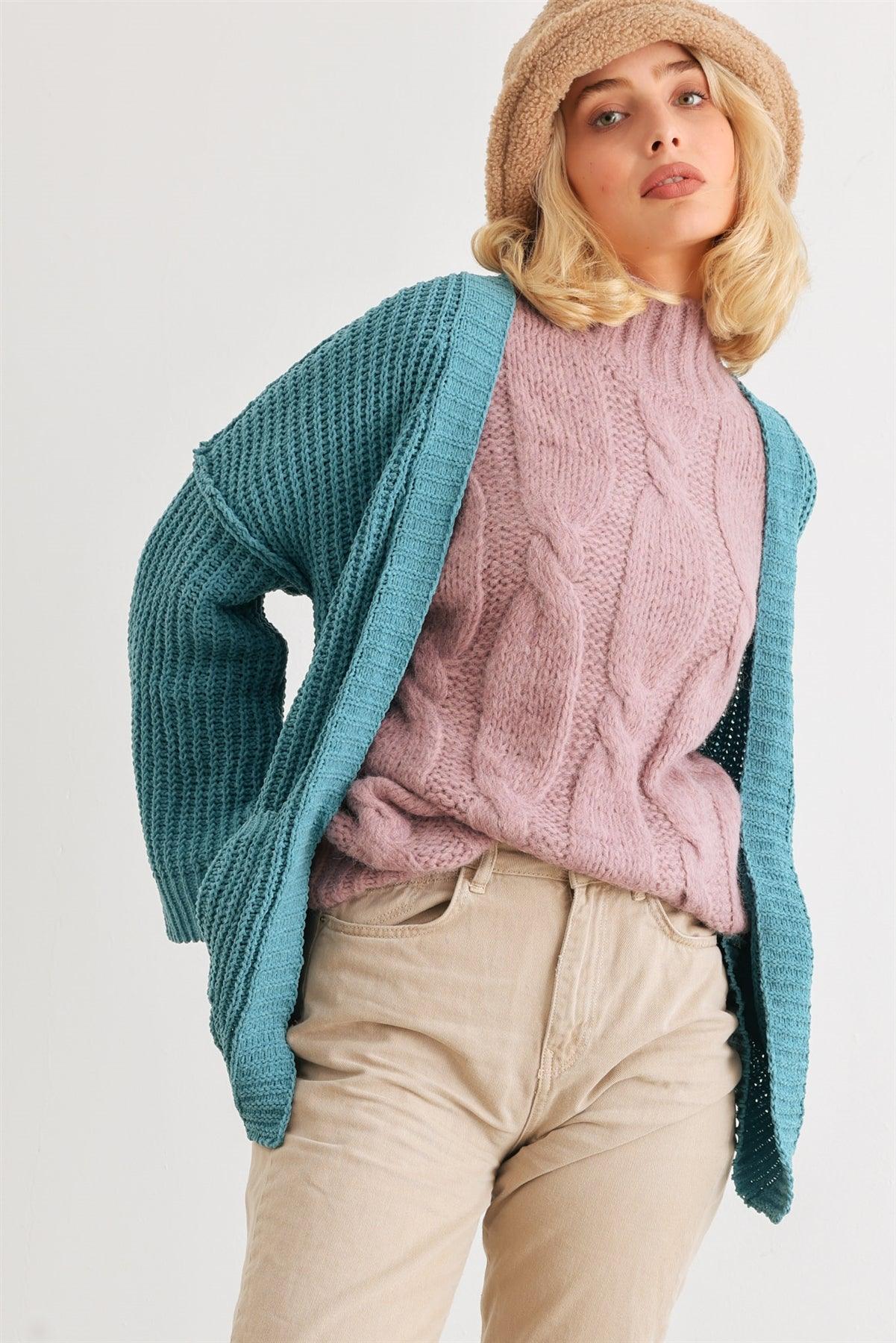 Blue Knit Long Sleeve Two Pocket Open Front Cardigan /2-2-2