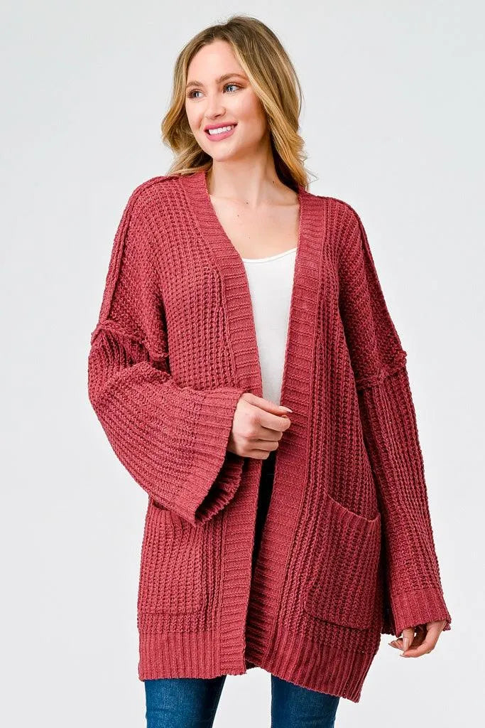 Brick Knit Long Sleeve Two Pocket Open Front Cardigan - Tasha Apparel Wholesale