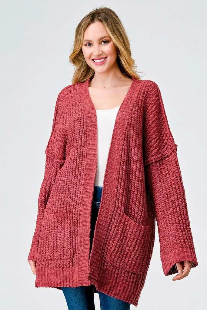 Brick Knit Long Sleeve Two Pocket Open Front Cardigan - Tasha Apparel Wholesale