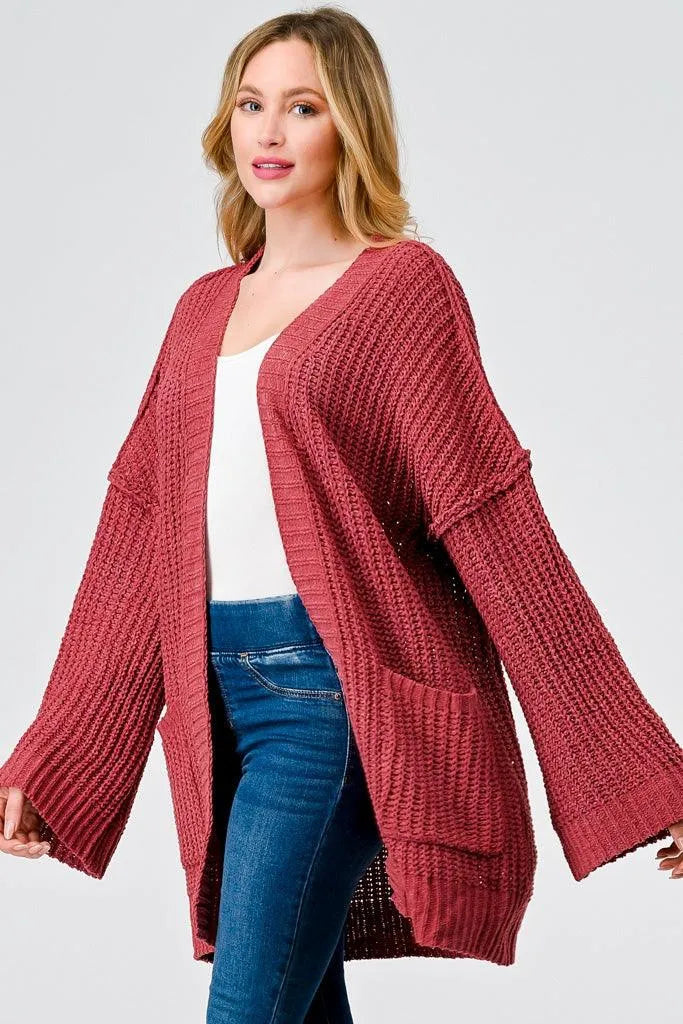 Brick Knit Long Sleeve Two Pocket Open Front Cardigan - Tasha Apparel Wholesale