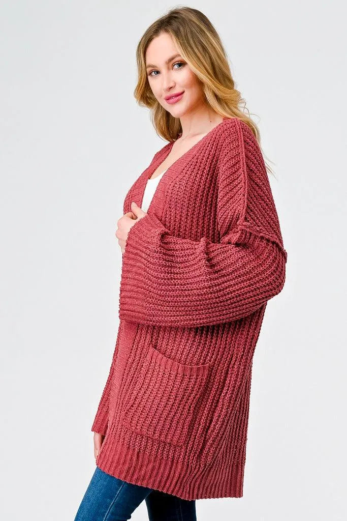 Brick Knit Long Sleeve Two Pocket Open Front Cardigan - Tasha Apparel Wholesale