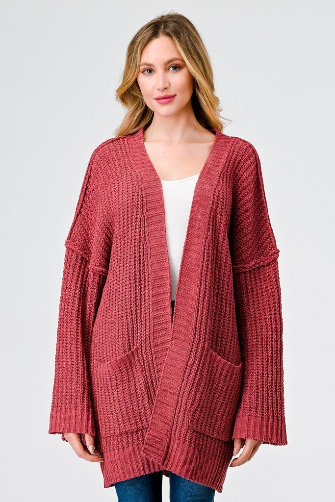 Brick Knit Long Sleeve Two Pocket Open Front Cardigan /2-2-2